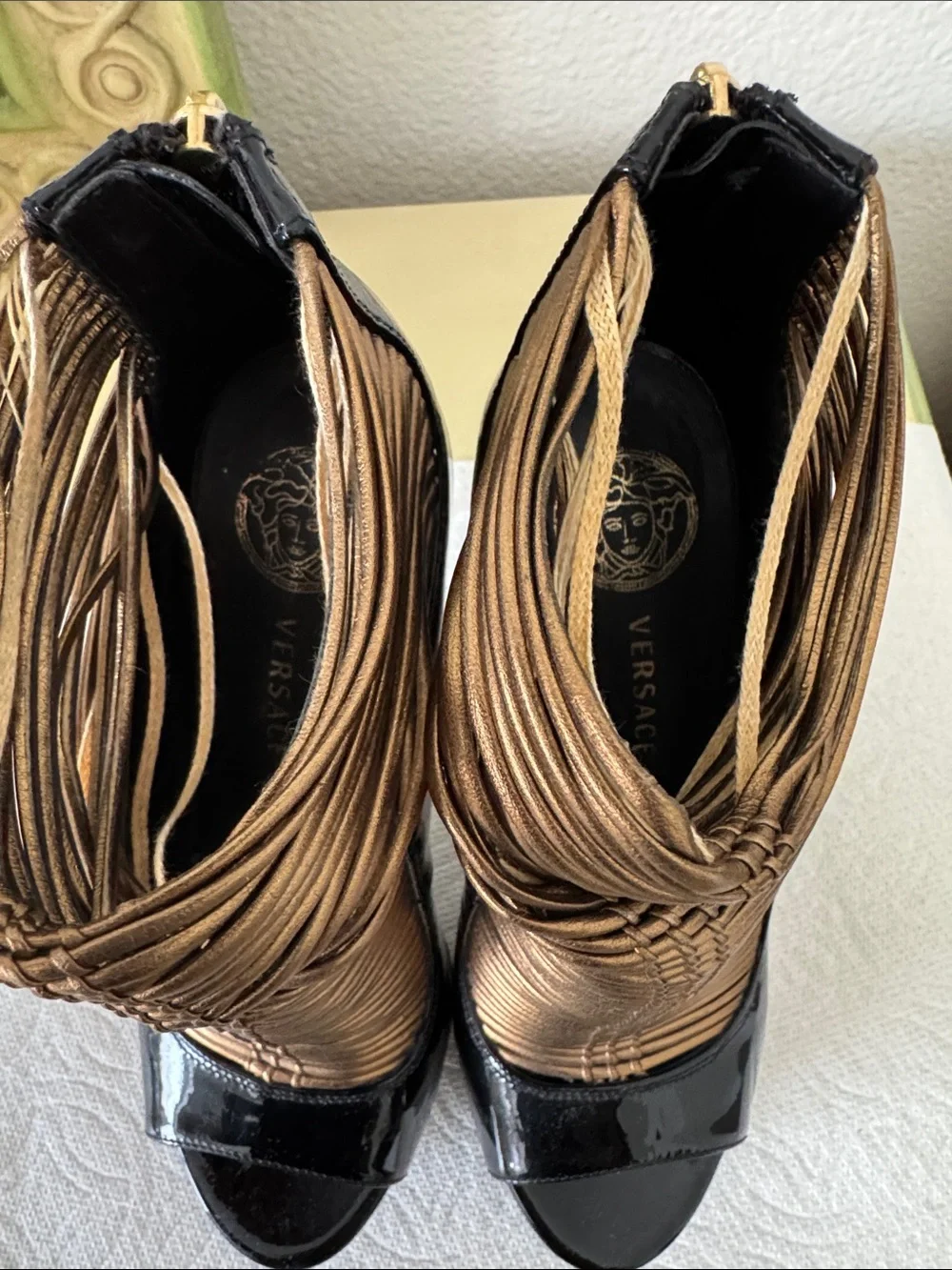 Versace Black Patent and Metallic Gold Wrapped Open-Toe Ankle Booties
